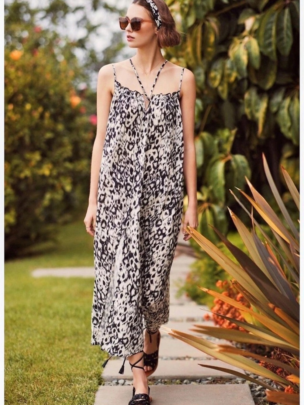 Anthropologie Animal Print Animal Ikat Halter Cold Shoulder Maxi Dress XXS
